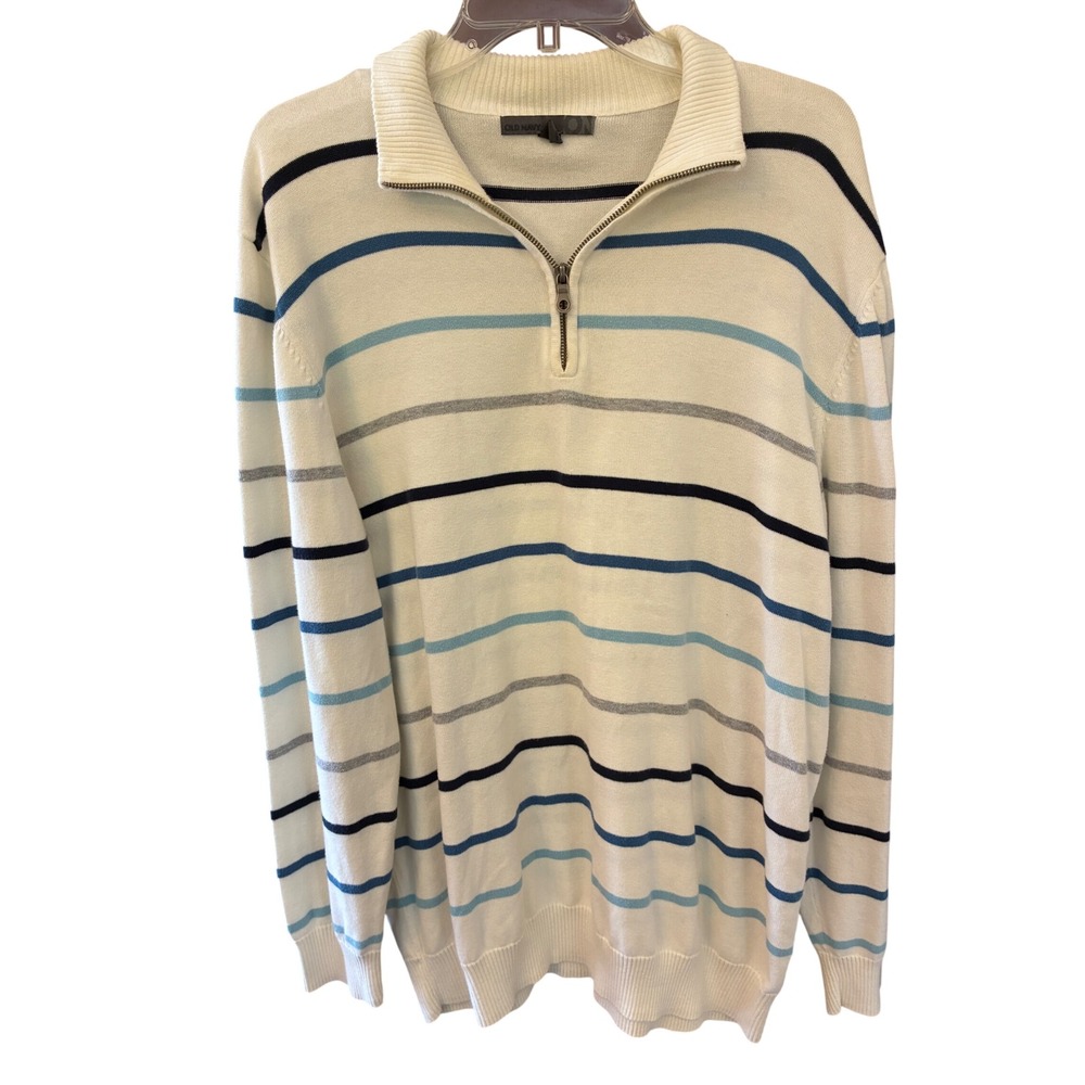 Old Navy Quarter Zip Sweater Mens XL Cream Blue Striped Excellent 100% Cotton